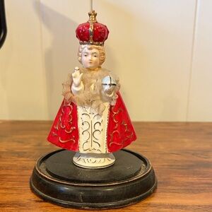 Vintage Infant Jesus of Prague Statue on Pedestal Lace Collar and Cuffs 5”